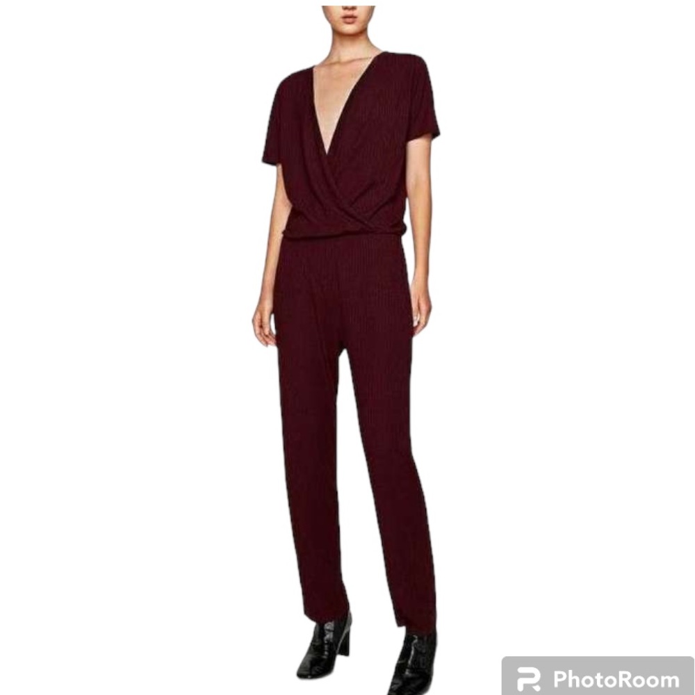 Zara Burgundy Ribbed Short Sleeve Wrap Crossover Jumpsuit size S